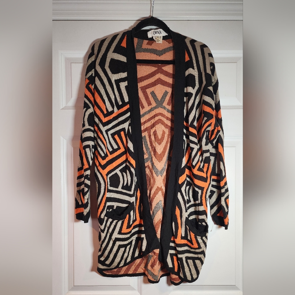Crisca Made In Italy Vintage Wool Cotton Blend Orange Black Beige Cardigan M